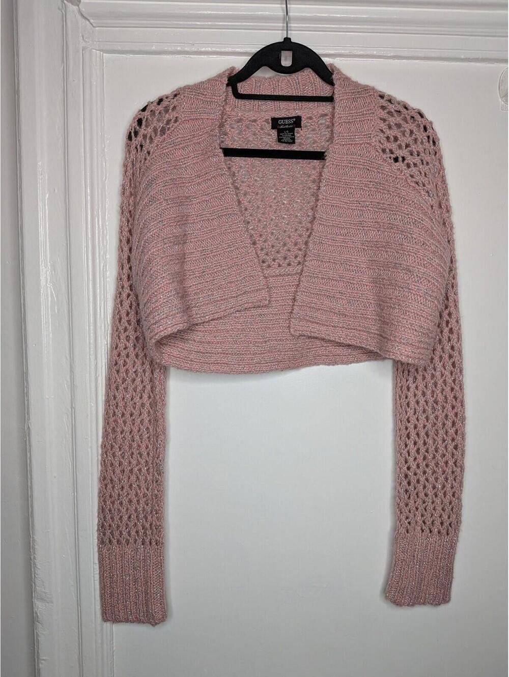 GUESS Sweater Shrug L Pink Open Knit Glitter Crochet Cardigan Soft Girl Y2K
